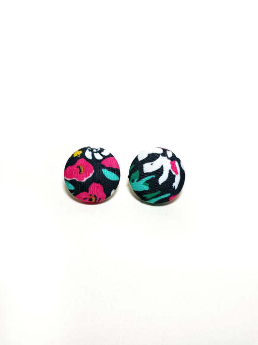 Handmade black floral fabric covered post earrings.