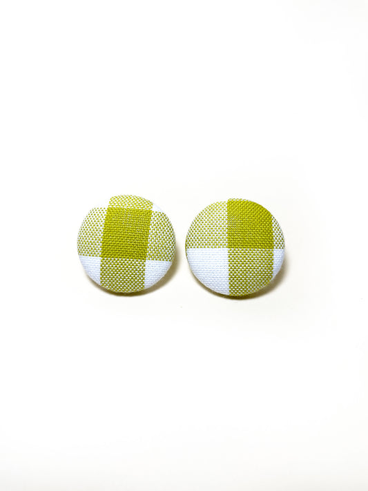 Handmade green gingham plaid fabric covered post earrings.