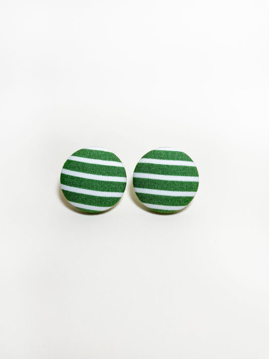 Handmade green striped fabric covered post earrings.