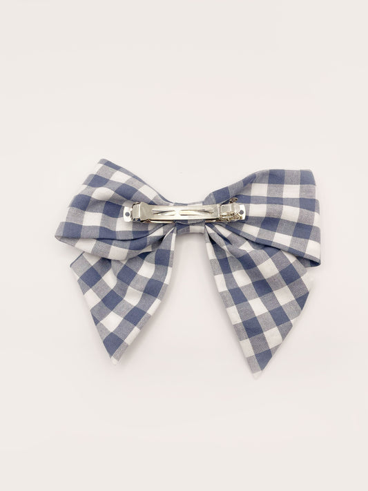 Gingham Plaid Hair Bow Clip In Slate Blue
