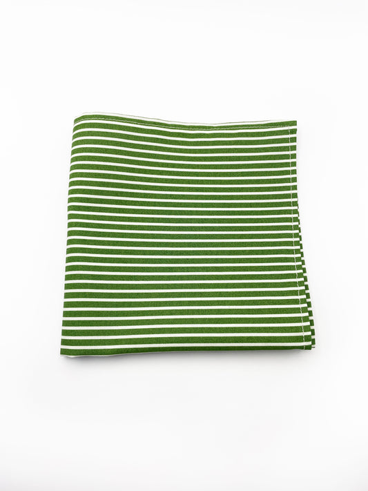 A handmade pocket square with green and white stripes.