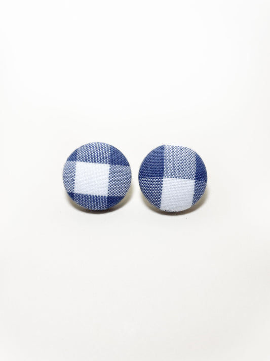 Handmade slate blue gingham plaid fabric covered post earrings.