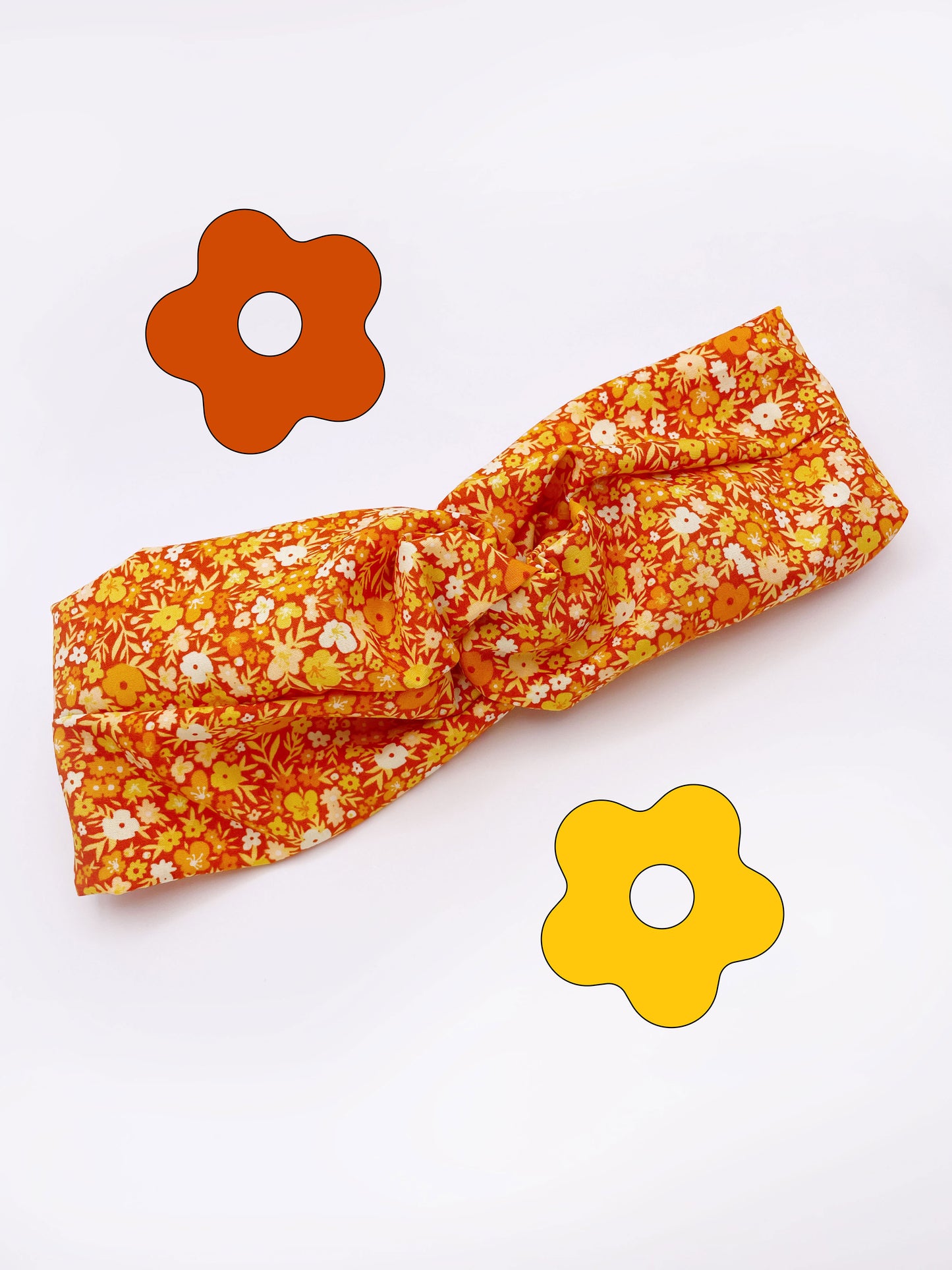 Orange Ditsy Floral Twist Headband With Elastic