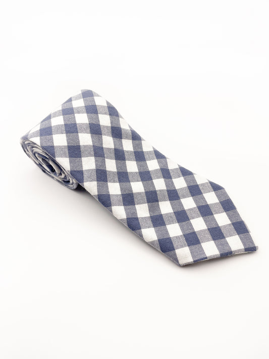 A handmade slate blue gingham plaid necktie.