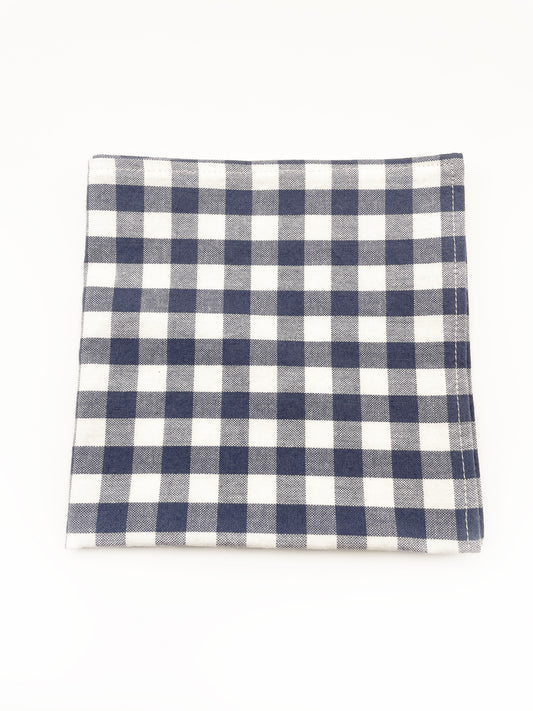 A handmade slate blue gingham plaid pocket square.