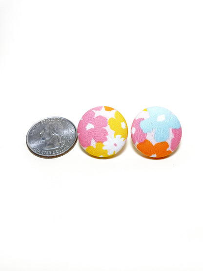 Handmade colorful floral fabric covered post earrings.  Each earring has a butterfly push back.