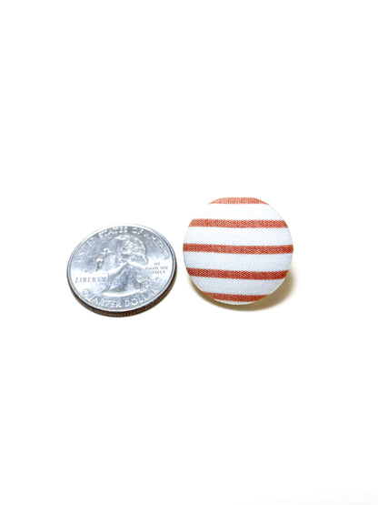 Handmade copper striped fabric covered lapel pin. The earrings are 0.875 inches, roughly the same size as a quarter.