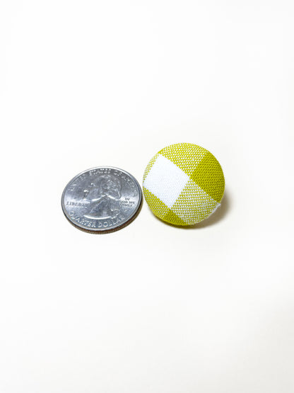 Handmade green gingham plaid fabric covered lapel pin. The earrings are 0.875 inches, roughly the same size as a quarter.
