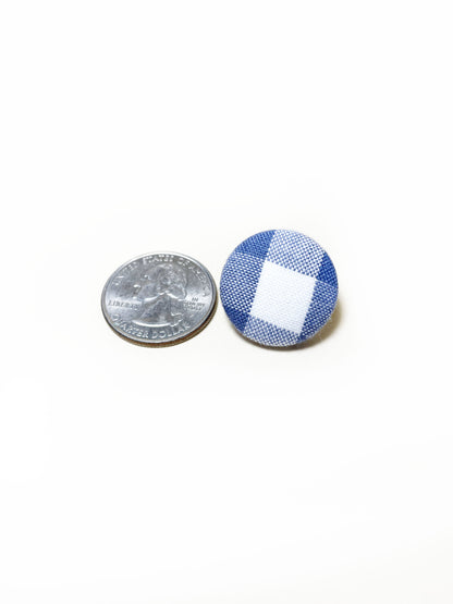 Handmade slate blue gingham plaid fabric covered lapel pin. The earrings are 0.875 inches, roughly the same size as a quarter.