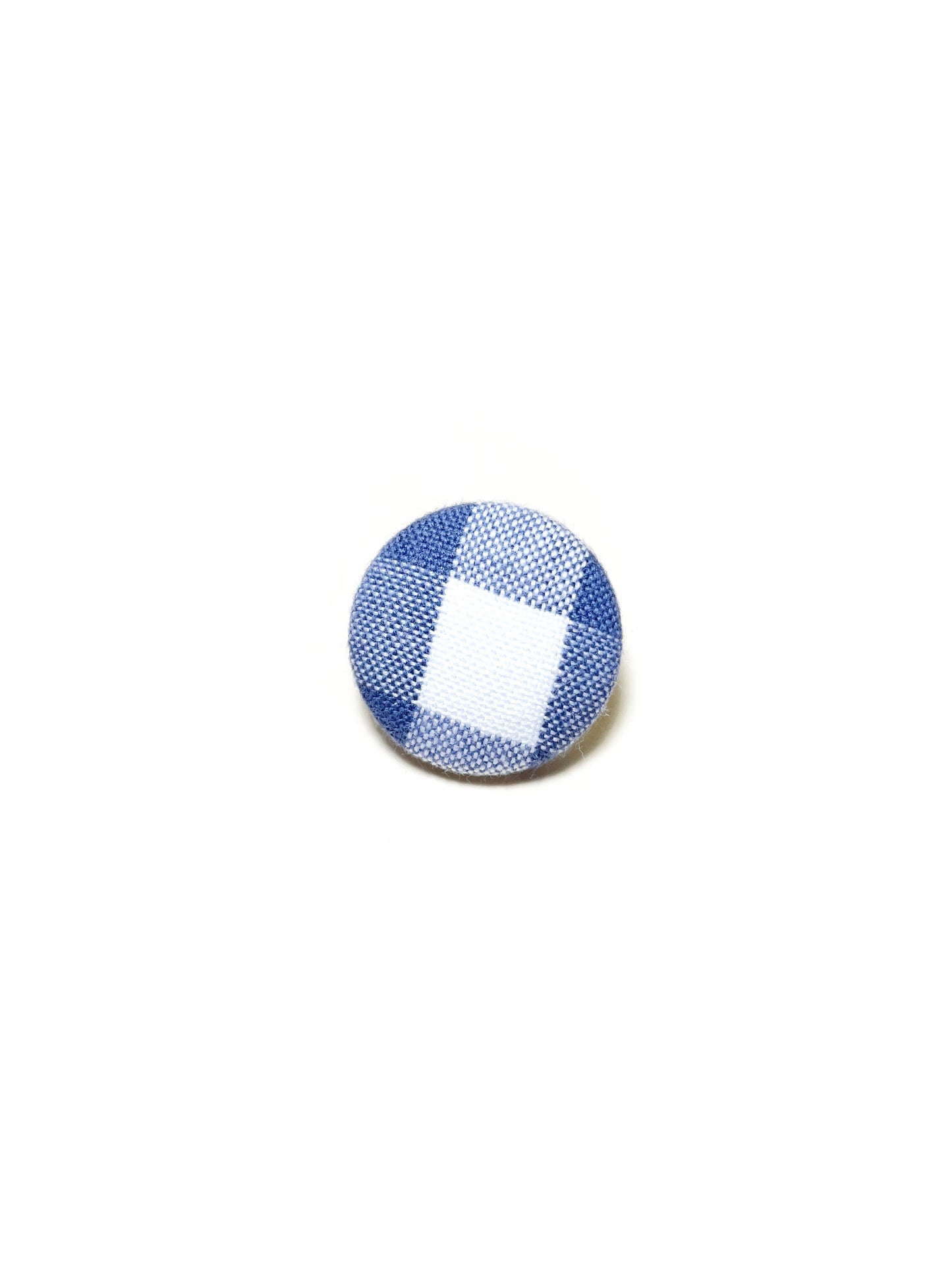 Handmade slate blue gingham plaid fabric covered lapel pin.