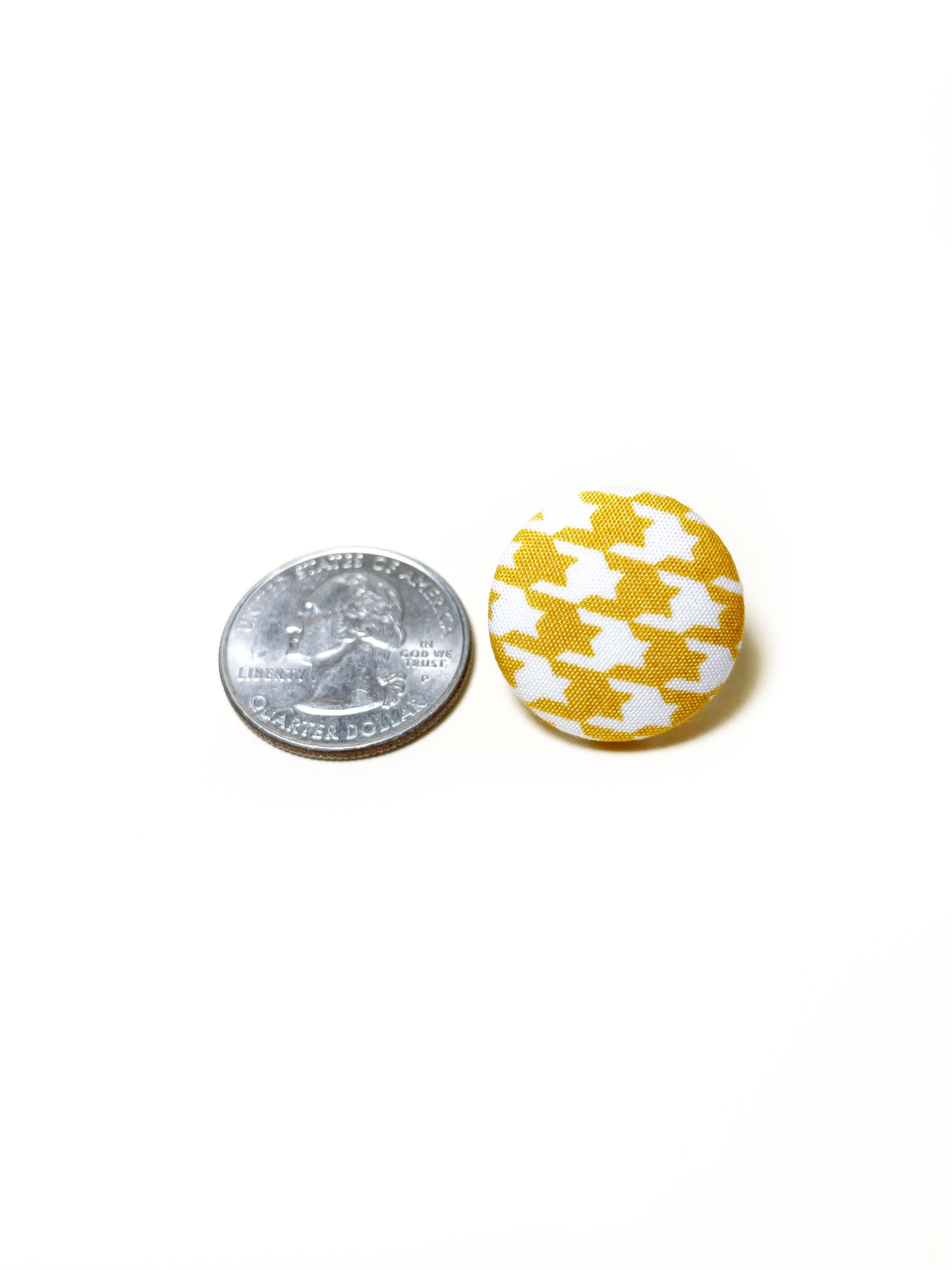 Handmade yellow houndstooth fabric covered lapel pin. The earrings are 0.875 inches, roughly the same size as a quarter.