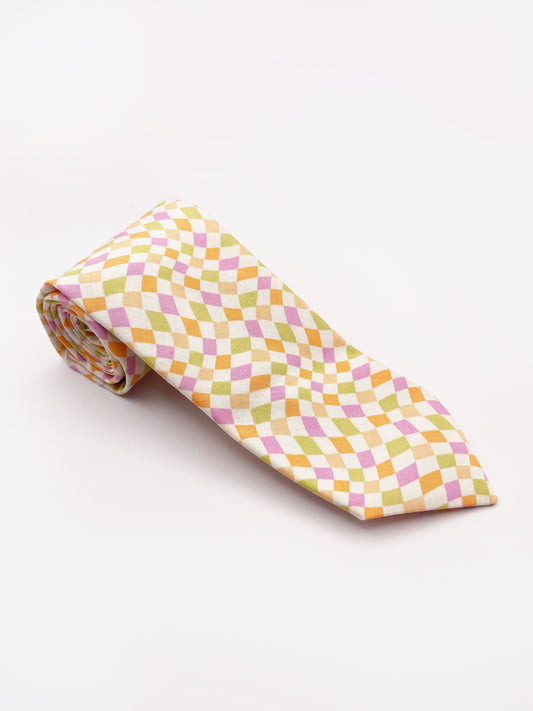 A handmade necktie with a pastel checkered print.