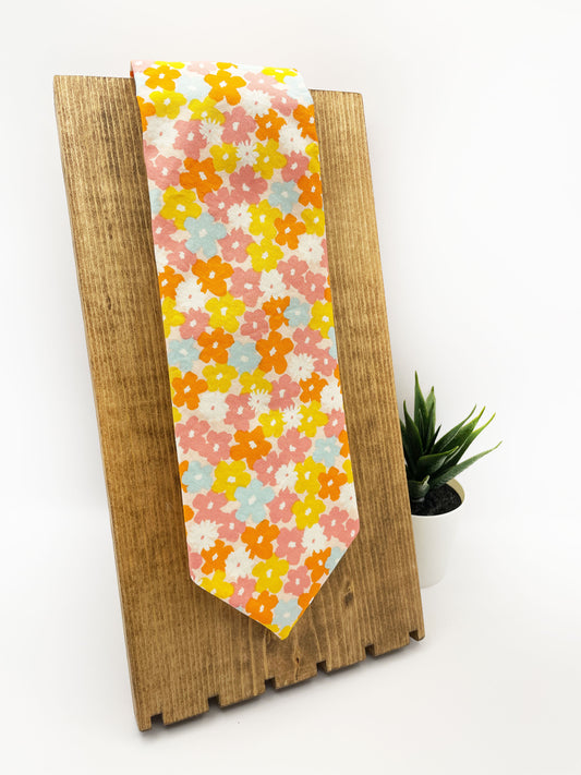 A beautifully handmade colorful floral necktie.