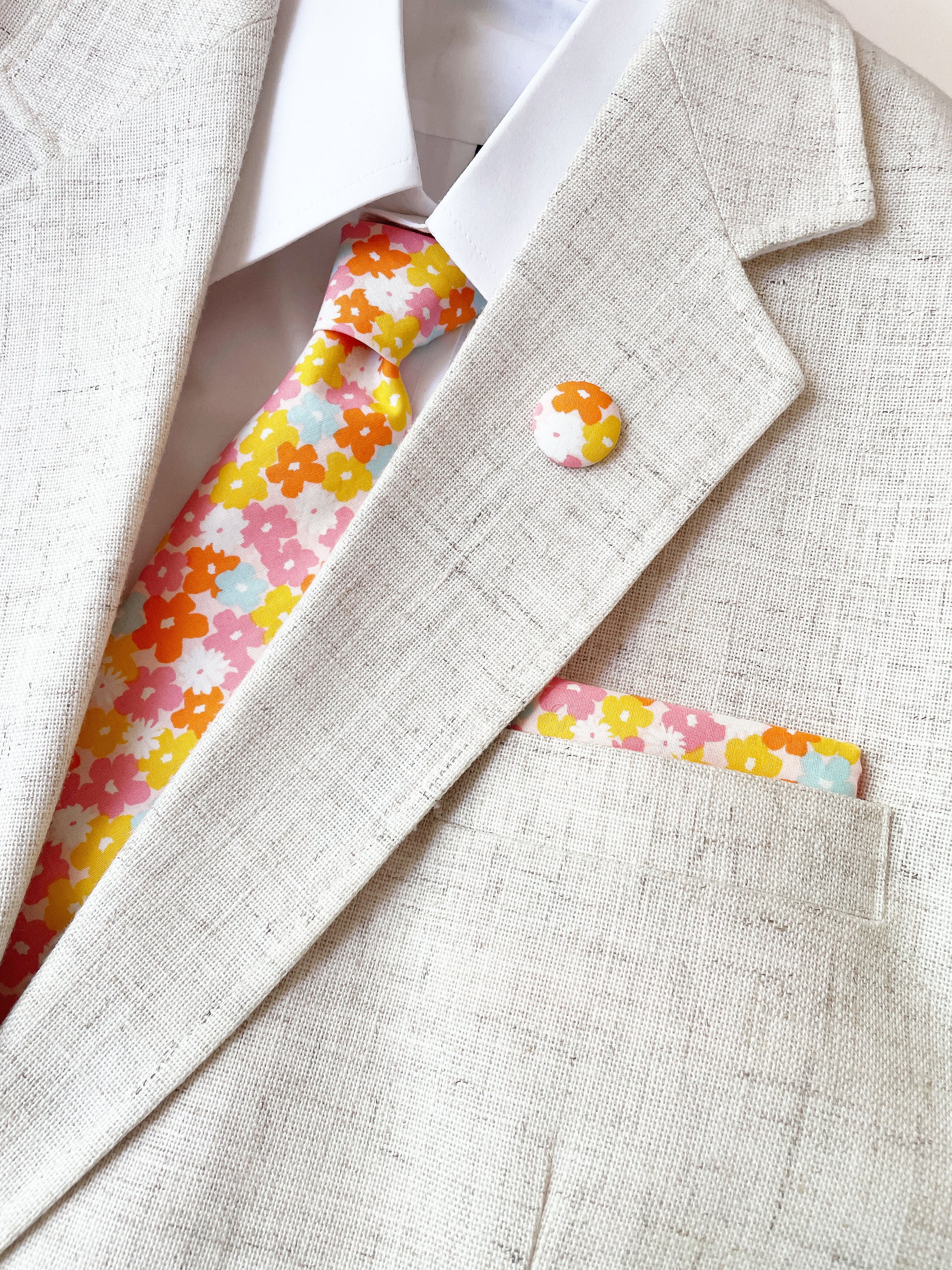 A handmade colorful floral pocket square.