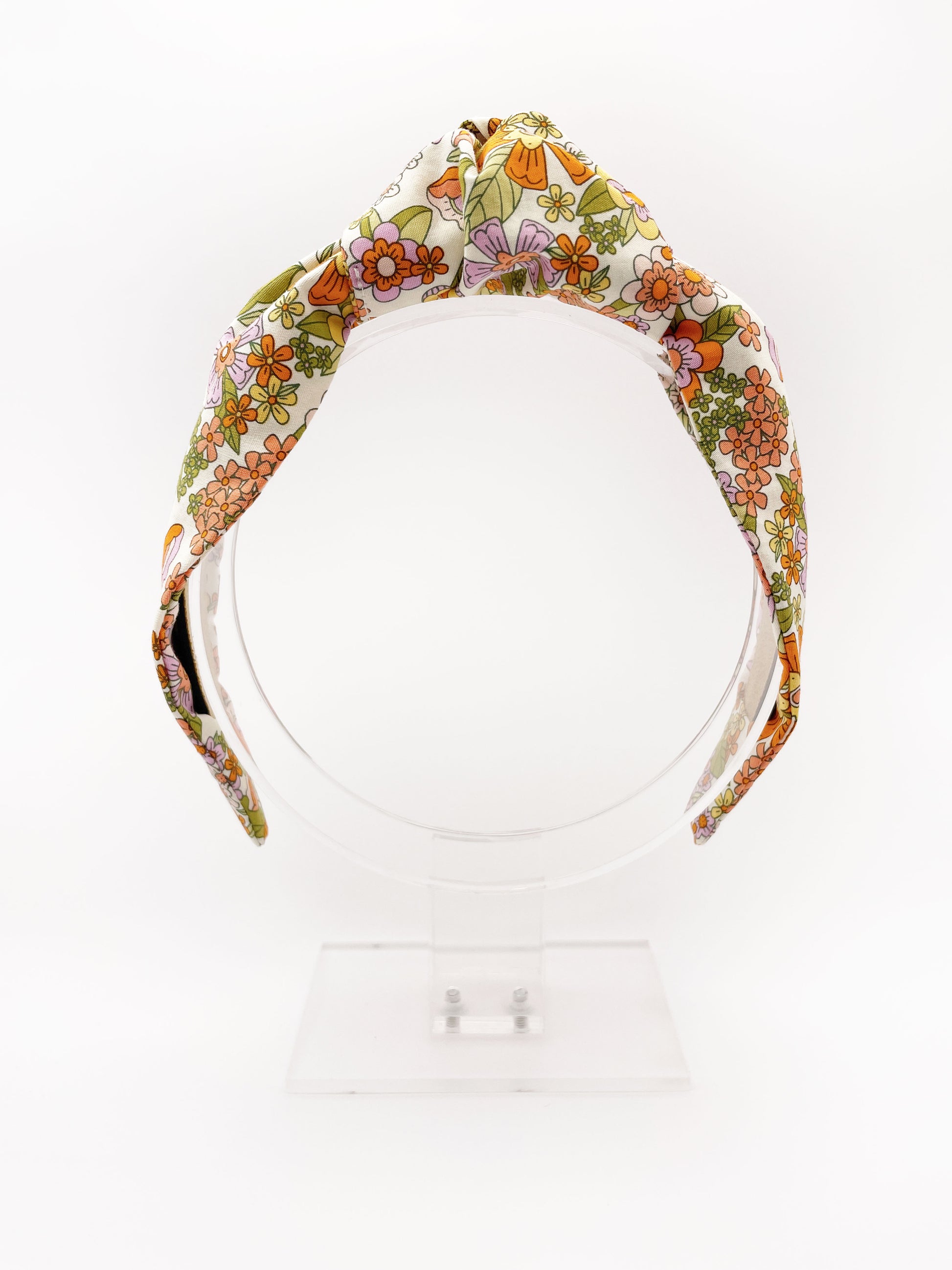 A handmade retro floral knotted headband.